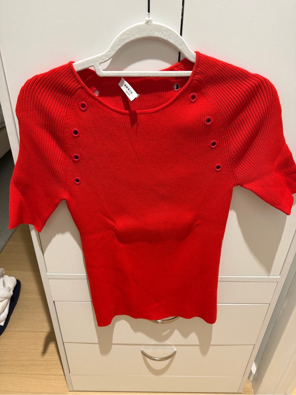 Akris Punto Red Short Sleeve Ribbed Top with Eyelet Accents - Picture 2 of 5